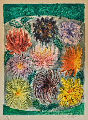 une image représentant un tableau de fleurs colorées sur fond vert