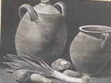 drawing of a still life of a vase, onion, and radishes