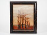 framed oil painting of a landscape with tall trees in the foreground