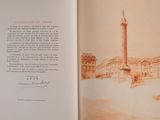 an open book with a drawing of a monument in the background