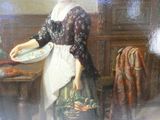 un tableau représentant une femme tenant une assiette de nourriture