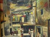 an oil painting of a street scene with people walking down the street