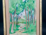 an oil painting of a path through a forest with a house in the distance