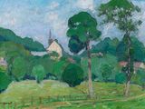une peinture à l'huile représentant un champ verdoyant avec des arbres et une église au loin