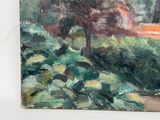 a painting of a man sitting on a bench in a park