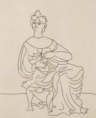 un dessin représentant une femme en robe, assise sur une chaise