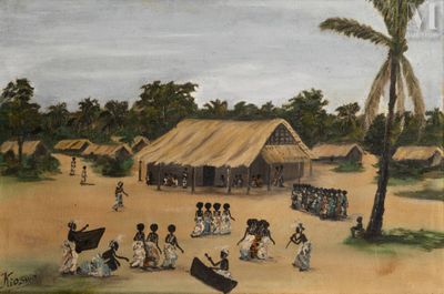 a painting of a village with people walking around it