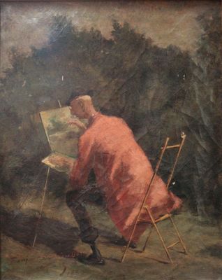 painting of a man in a red coat painting a landscape