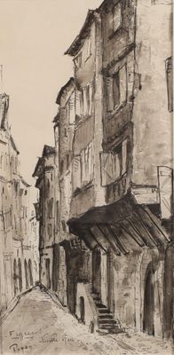 dessin représentant une scène de rue avec des bâtiments et une personne marchant dans la rue