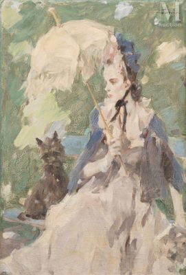 painting of a woman sitting on a bench with a dog and an umbrella