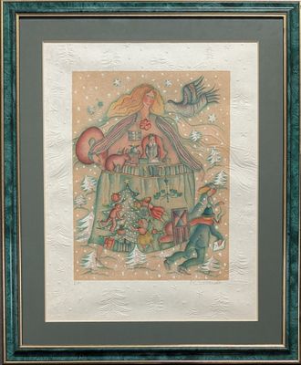 tableau encadré représentant un homme et une femme dans une cage à oiseaux