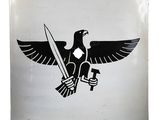 a sign with a picture of an eagle holding a sword