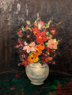 painting of a vase of flowers on a table with a dark background