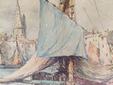a painting of a boat in the water with a city in the background