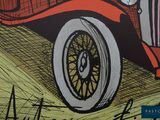 a drawing of a red car on a yellow background