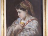 tableau représentant une femme tenant un fruit dans sa main droite