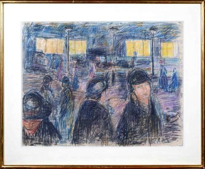 dessin représentant un groupe de personnes dans une gare, avec un train en arrière-plan