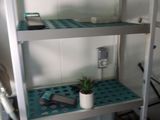 a shelf that has a potted plant on top of it