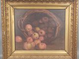 tableau représentant des pommes dans un panier en osier posé sur une table