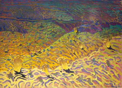 une image représentant un tableau d'un champ survolé par des oiseaux
