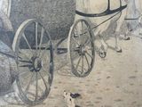 a drawing of a horse drawn carriage being pulled by a dog