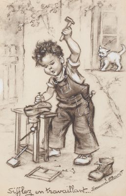 dessin représentant un jeune garçon travaillant sur une table avec un marteau