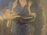 an oil painting of a man reading a book on a stool