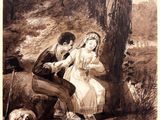 tableau représentant un homme et une femme assis sous un arbre en compagnie d'un chien