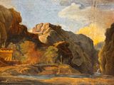 une image d'une peinture représentant une scène de montagne avec une rivière au premier plan