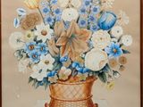 painting of a basket of flowers with blue and white flowers in it