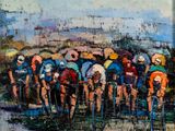 a painting of a group of people with umbrellas