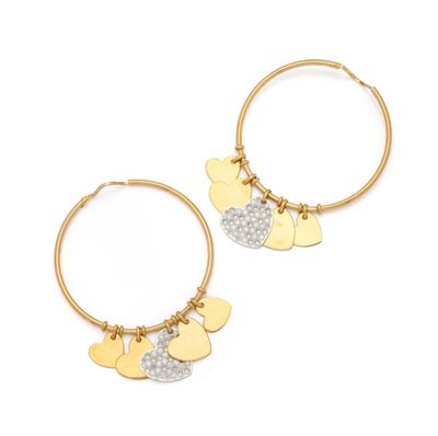 a pair of gold hoop earrings with heart charms
