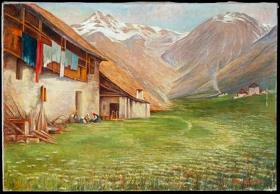 un tableau représentant une maison dans un champ, avec des montagnes en arrière-plan