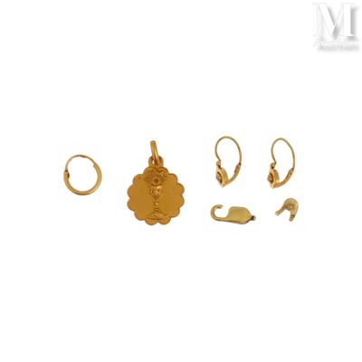 a close up of a pair of gold earrings and a pair of earrings