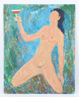 un tableau représentant une femme nue tenant un verre de vin à la main