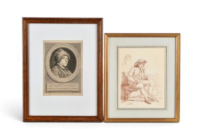 deux reproductions encadrées représentant un homme et une femme assis sur un banc