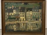 a picture of a painting of a town by the water