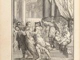 an old book with a drawing of a group of people in a room