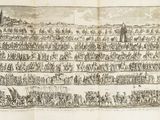 an old drawing of a battle with a castle in the background