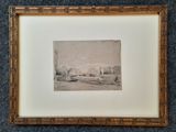 une photo d'un tableau représentant un paysage, dans un cadre doré