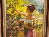 painting of a woman holding a basket of flowers in a field