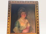 an old painting of a woman in a green and pink dress