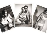 three black and white photos of a woman in a bikini and a man in a shirt