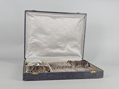 a set of six silverplated flatware in a case