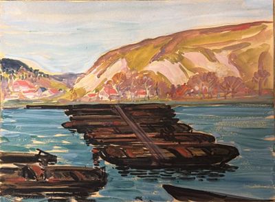 tableau représentant des bateaux dans un port, avec des montagnes en arrière-plan