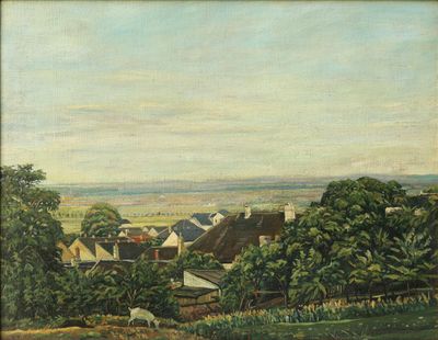 tableau représentant une vue d'un village avec un cheval qui paît au premier plan