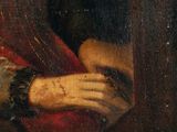 an old painting of a woman in a red dress holding a book