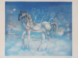 painting of a white horse with a tree on its head