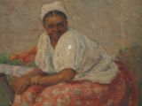 tableau représentant une femme assise sur un lit, tenant une assiette de nourriture