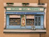 a picture of a painting of a storefront on the side of a building
